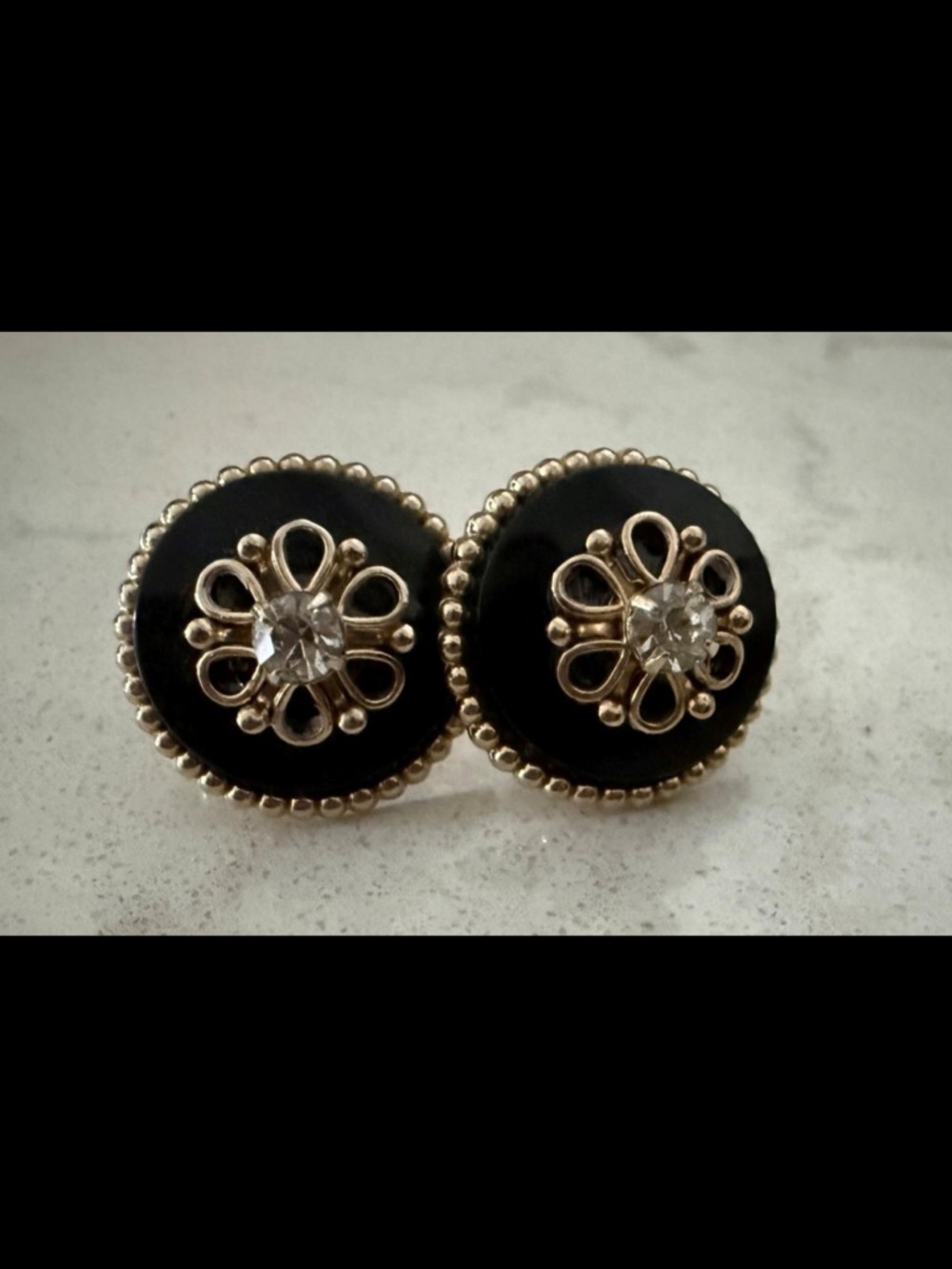 Vintage Signed Coro Gold & Black Screwback Earrings | Rhinestone Center | MCM